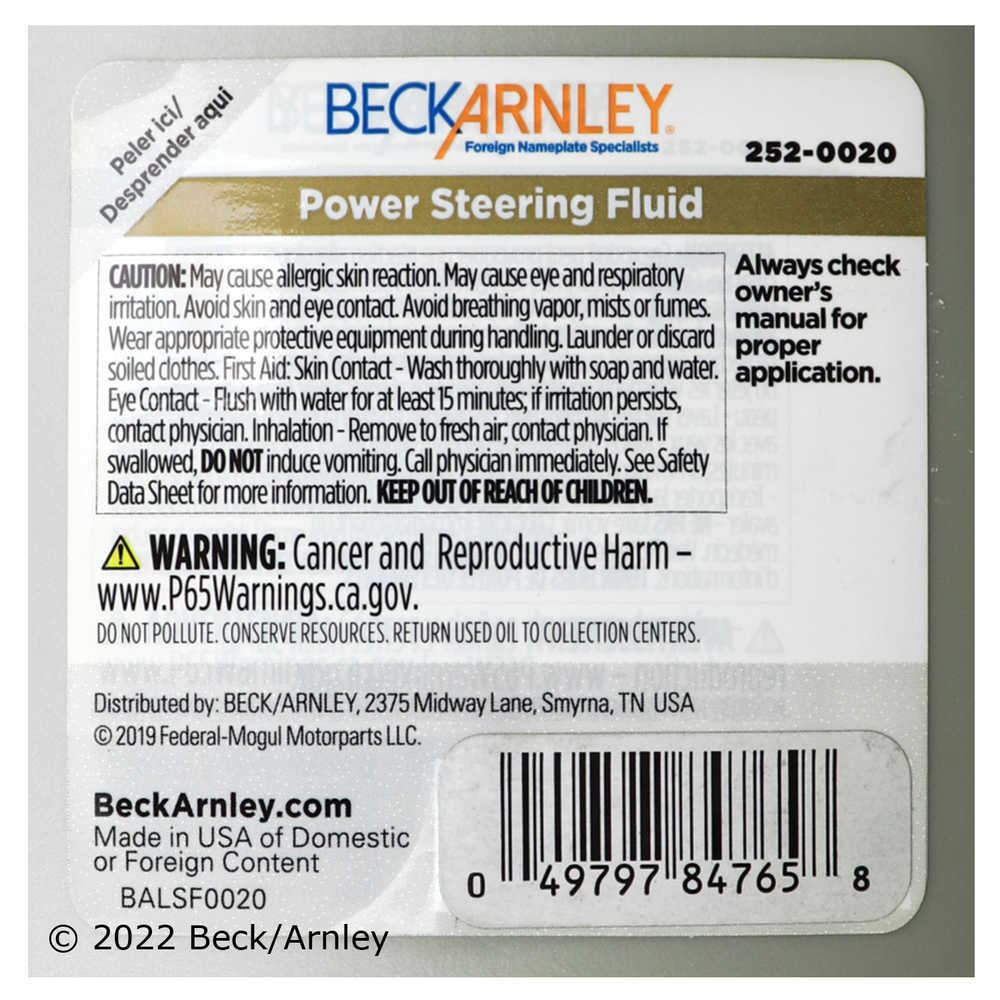 BECK/ARNLEY - Power Steering Fluid - BAR 252-0020