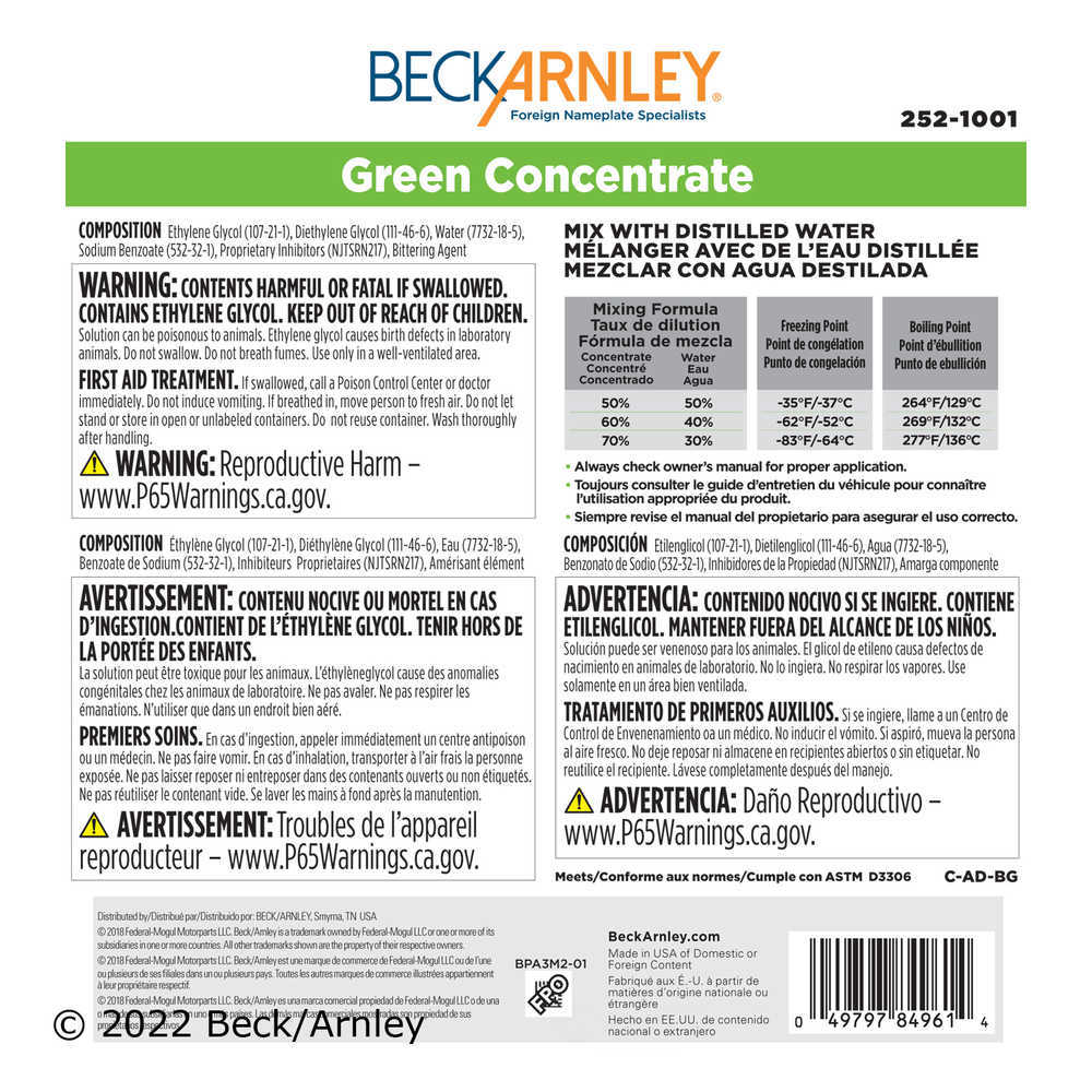 BECK/ARNLEY - Engine Coolant / Antifreeze - BAR 252-1001
