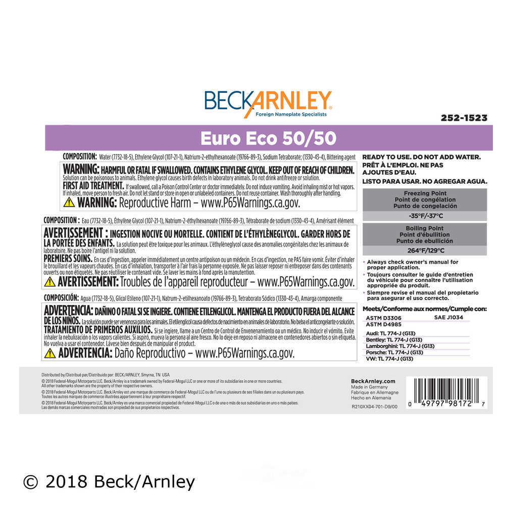BECK/ARNLEY - Engine Coolant / Antifreeze - BAR 252-1523