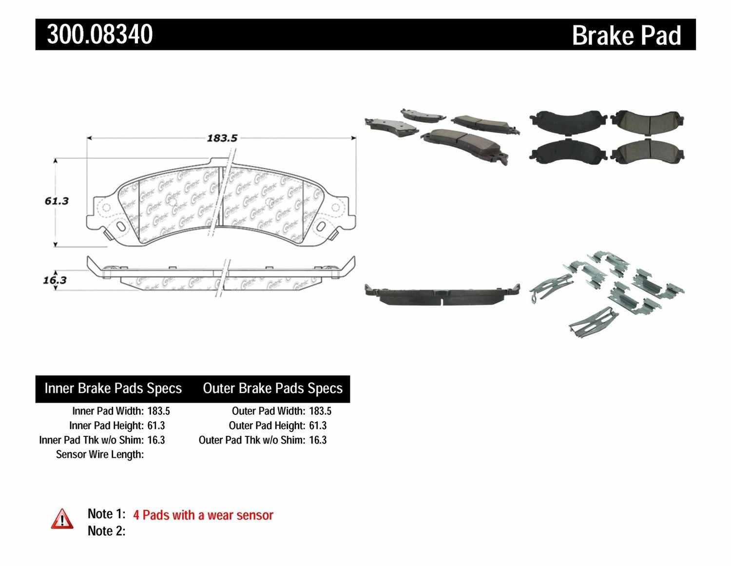 CENTRIC PARTS - Premium Semi-Met Pads w/Shim and Hardware - CEC 300.08340