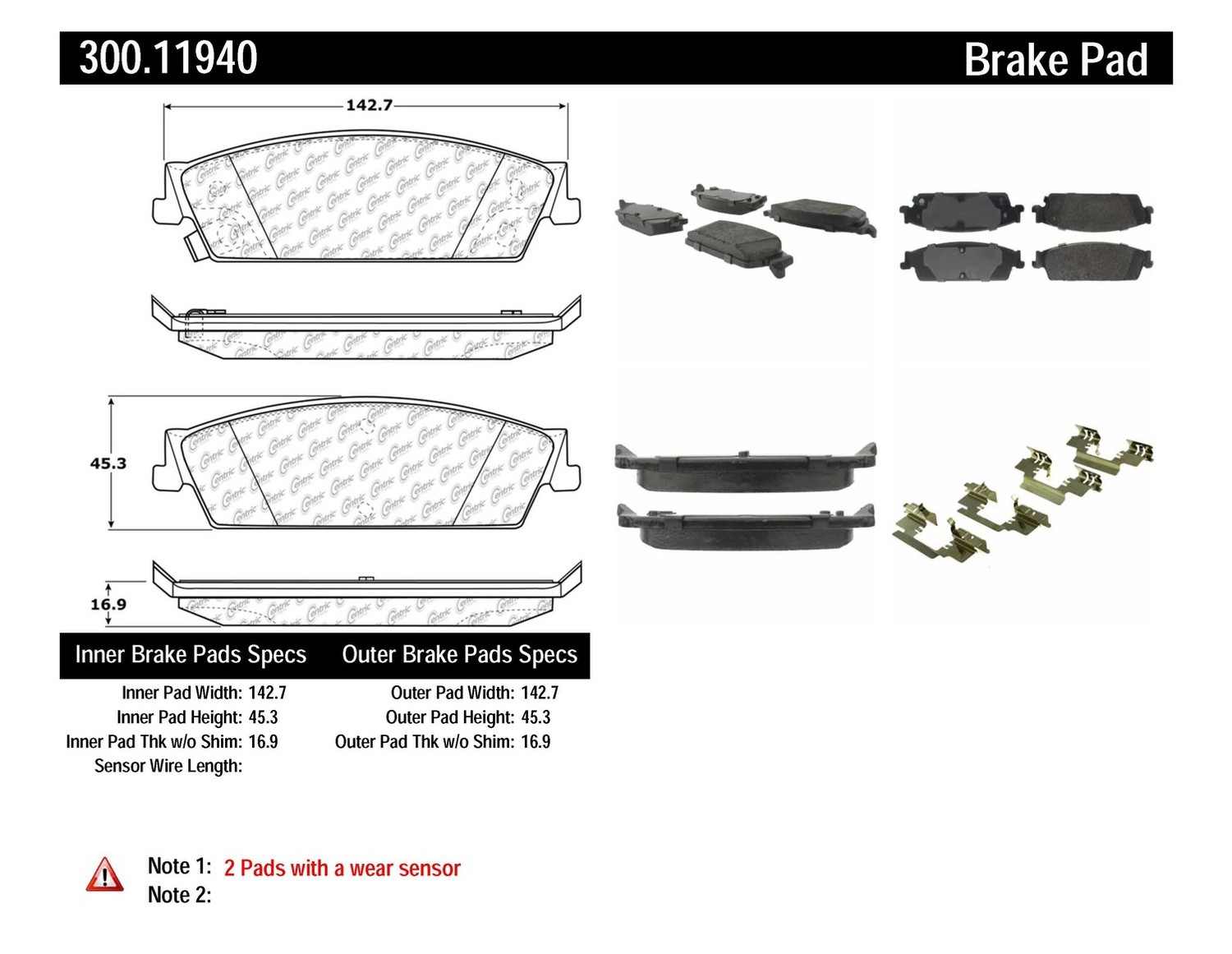CENTRIC PARTS - Centric Premium Semi-Metallic Disc Brake Pad Sets - CEC 300.11940