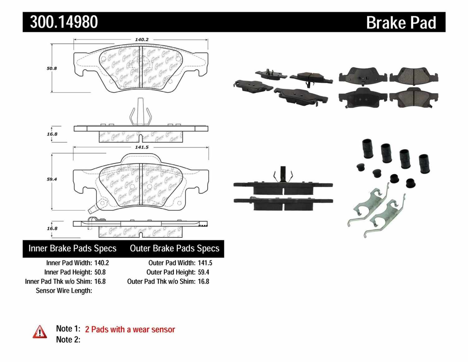 CENTRIC PARTS - Centric Premium Semi-Metallic Disc Brake Pad Sets - CEC 300.14980
