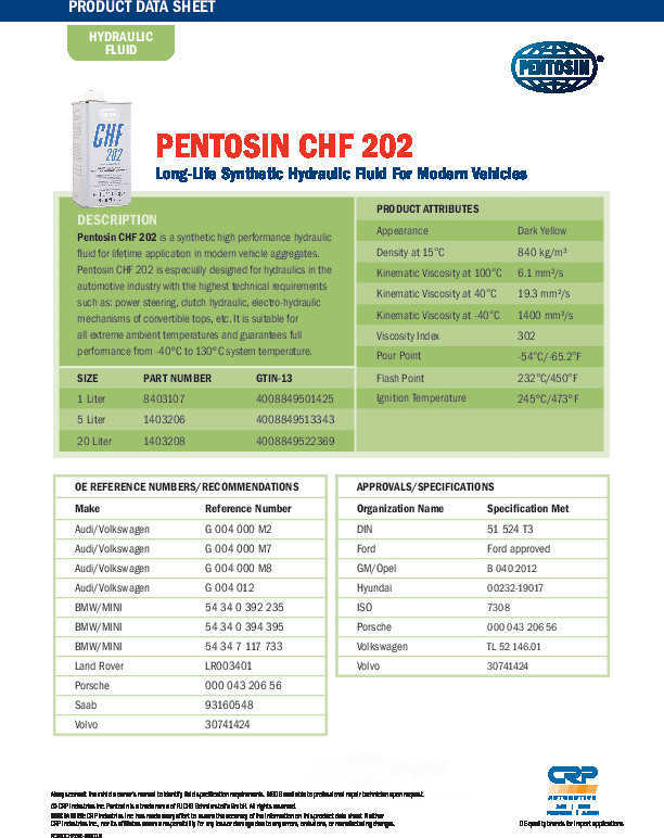 CRP/PENTOSIN - Convertible Top Hydraulic Pump Fluid - CPG 8403107