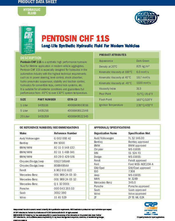 CRP/PENTOSIN - Hydraulic System Fluid - CPG 1405116
