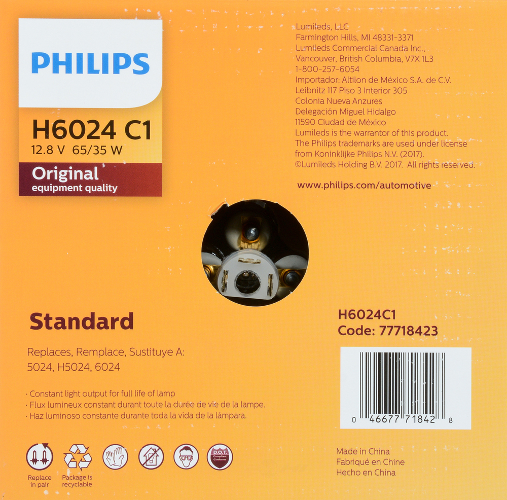 PHILIPS LIGHTING COMPANY - Standard - Single Commercial Pack (High Beam and Low Beam) - PLP H6024C1