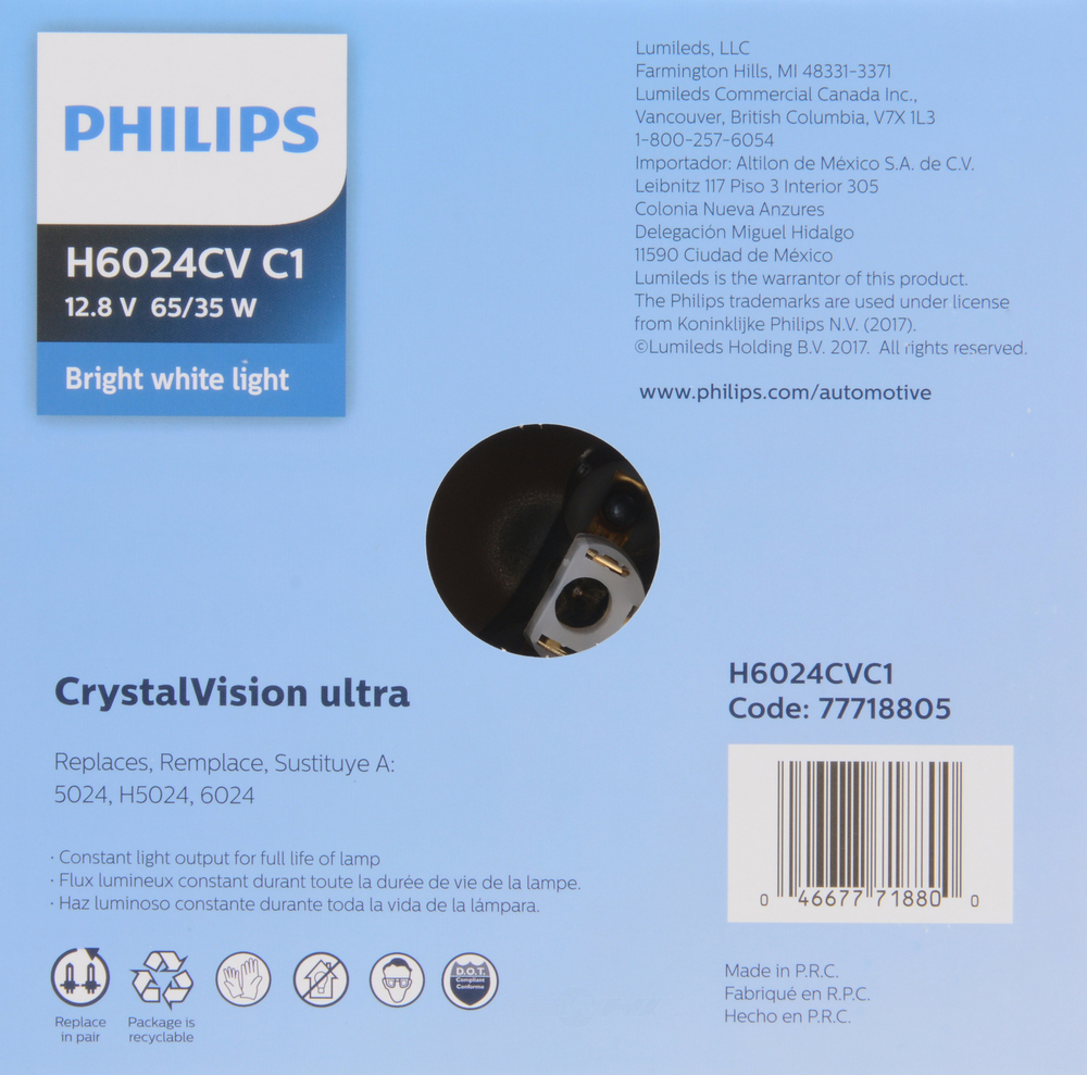 PHILIPS LIGHTING COMPANY - Crystalvision Ultra - Single Commercial Pack Headlight Bulb - PLP H6024CVC1