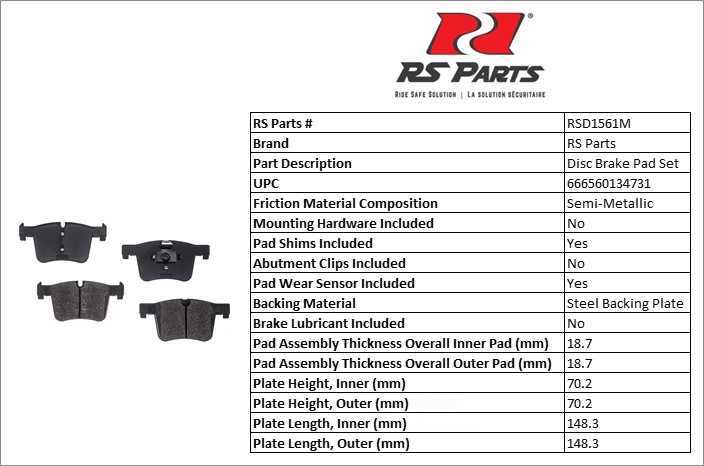 RS PARTS RSD1561M — Jeu de plaquettes de frein à disque avant