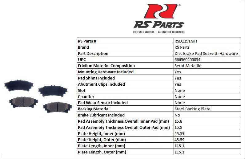 RS PARTS RSD1391MH — Jeu de plaquettes de frein à disque arrière
