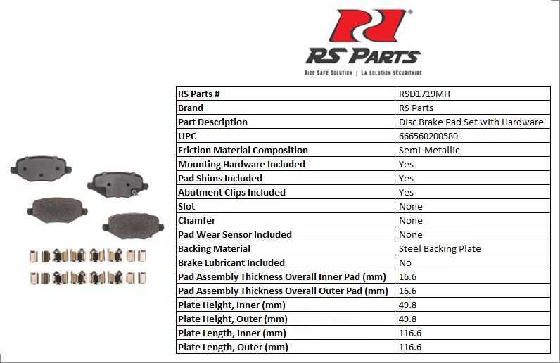 RS PARTS RSD1719MH — Jeu de plaquettes de frein à disque arrière