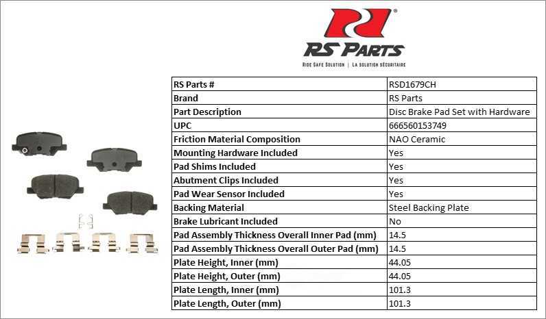 RS PARTS RSD1679CH — Jeu de plaquettes de frein à disque arrière