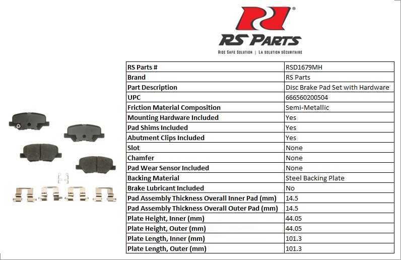 RS PARTS RSD1679MH — Jeu de plaquettes de frein à disque arrière