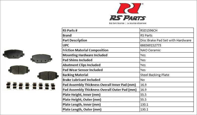 RS PARTS RSD1596CH — Jeu de plaquettes de frein à disque arrière