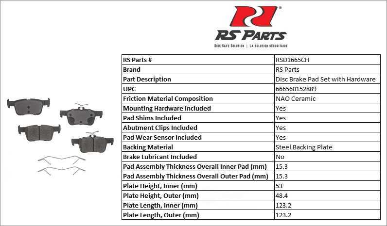 RS PARTS RSD1665CH — Jeu de plaquettes de frein à disque arrière