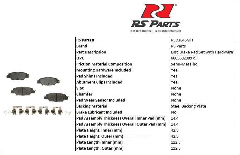 RS PARTS RSD1846MH — Jeu de plaquettes de frein à disque arrière