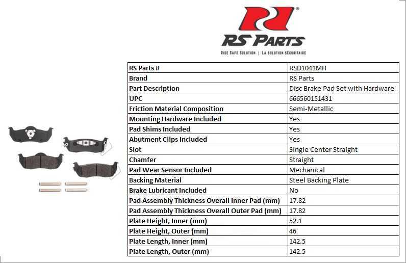 RS PARTS RSD1041MH — Jeu de plaquettes de frein à disque arrière