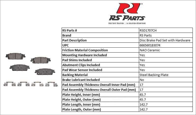 RS PARTS RSD1707CH — Jeu de plaquettes de frein à disque arrière
