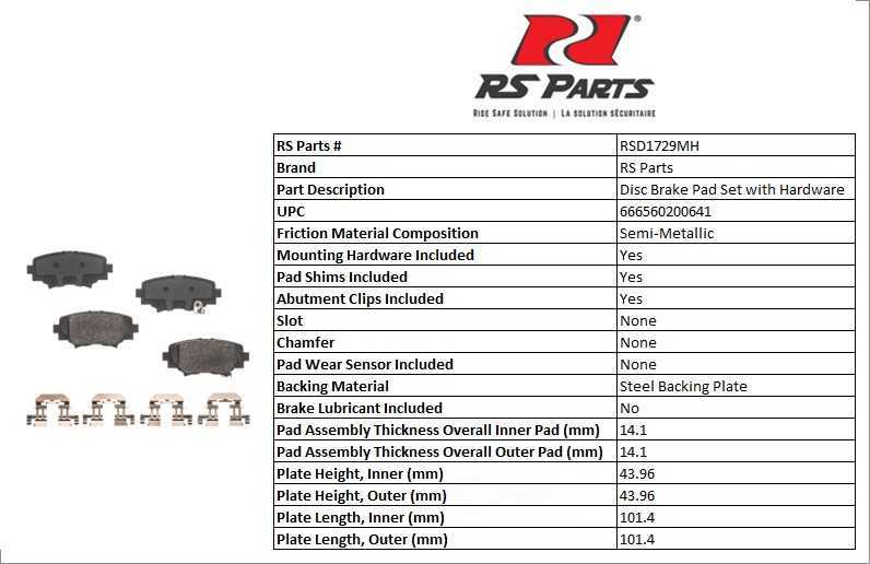 RS PARTS RSD1729MH — Jeu de plaquettes de frein à disque arrière