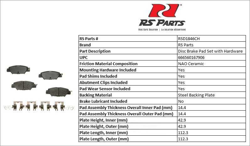RS PARTS RSD1846CH — Jeu de plaquettes de frein à disque arrière