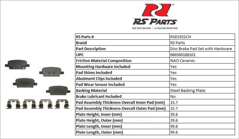 RS PARTS RSD1921CH — Jeu de plaquettes de frein à disque arrière