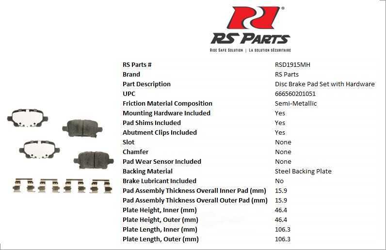 RS PARTS RSD1915MH — Jeu de plaquettes de frein à disque arrière