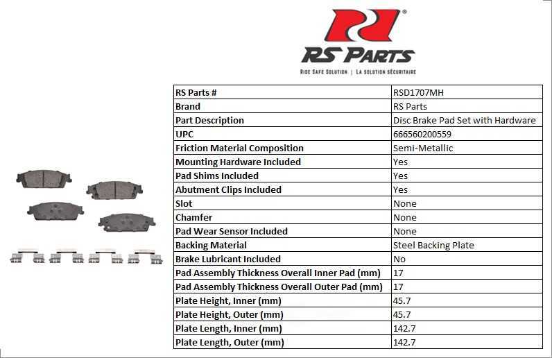 RS PARTS RSD1707MH — Jeu de plaquettes de frein à disque arrière