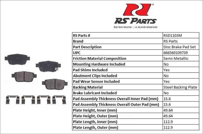 RS PARTS RSD1103M — Rear Disc Brake Pad Set