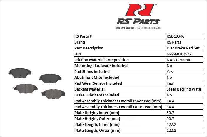 RS PARTS RSD1934C — Rear Disc Brake Pad Set