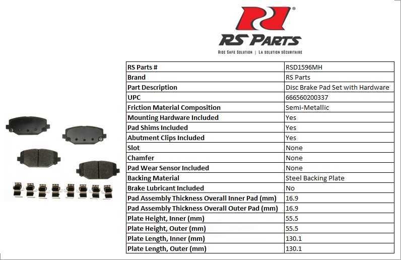 RS PARTS RSD1596MH — Jeu de plaquettes de frein à disque arrière