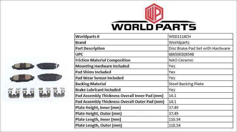 SYNERGY BY WORLDPARTS BRAKE PADS WSD1114CH — Jeu de plaquettes de frein à disque arrière